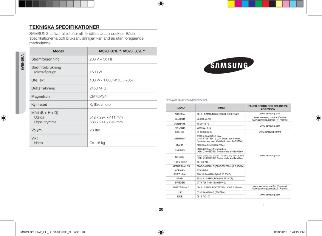 Samsung MS28F301EAW/EE manual Tekniska specifikationer, Kodnr DE68-04179D, Modell MS28F301E**, MS28F302E 