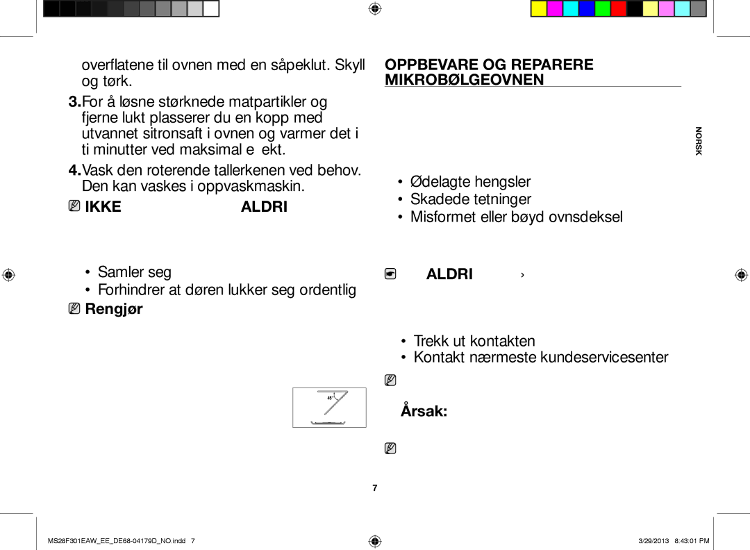 Samsung MS28F301EAW/EE manual Oppbevare og reparere mikrobølgeovnen 