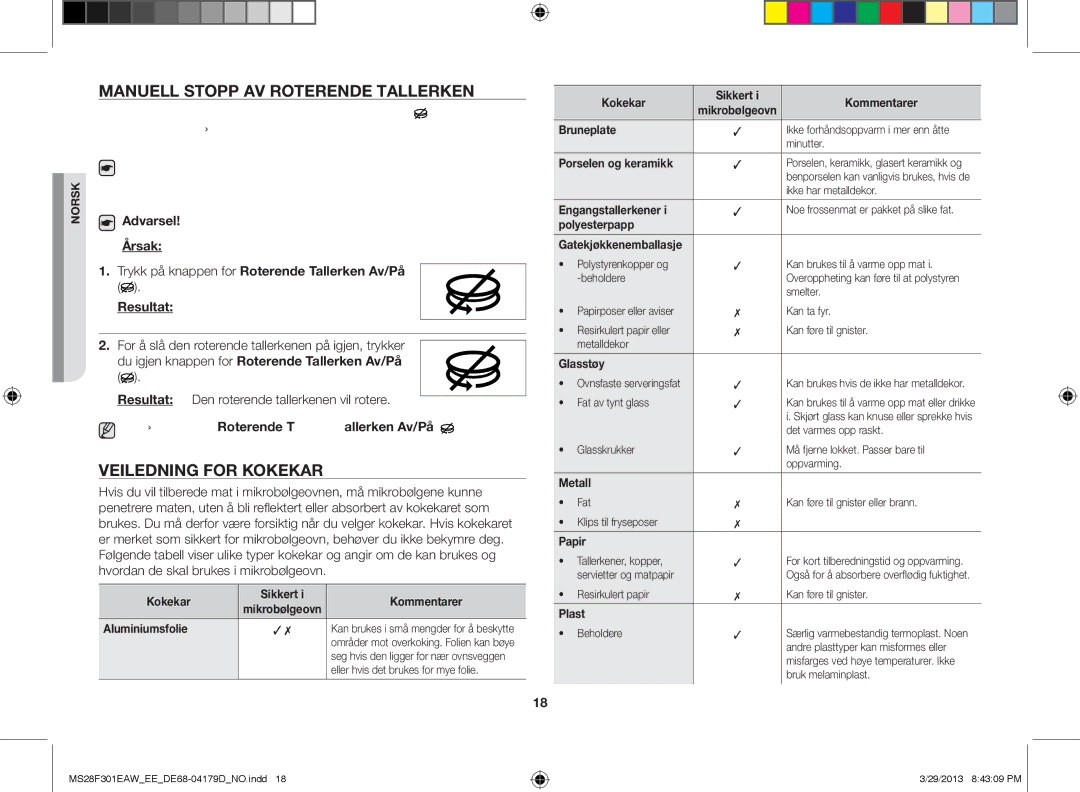 Samsung MS28F301EAW/EE manual Manuell stopp av roterende tallerken, Veiledning for kokekar 