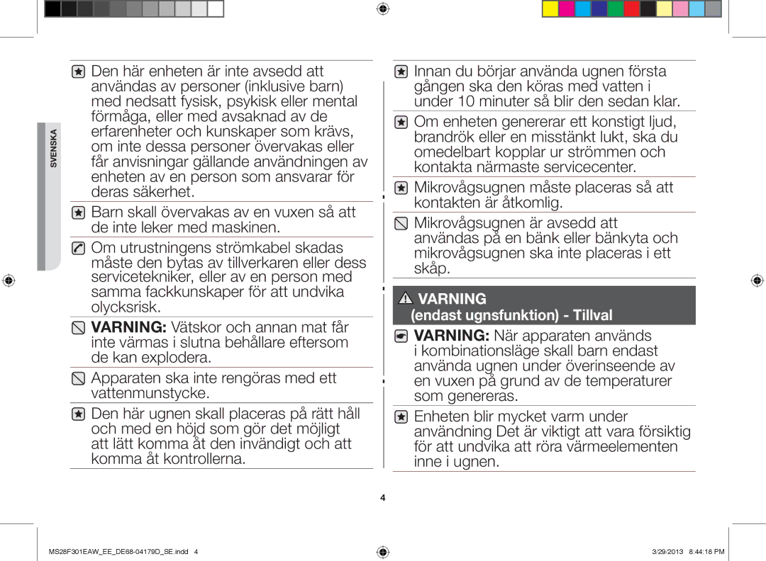 Samsung MS28F301EAW/EE manual Varning 