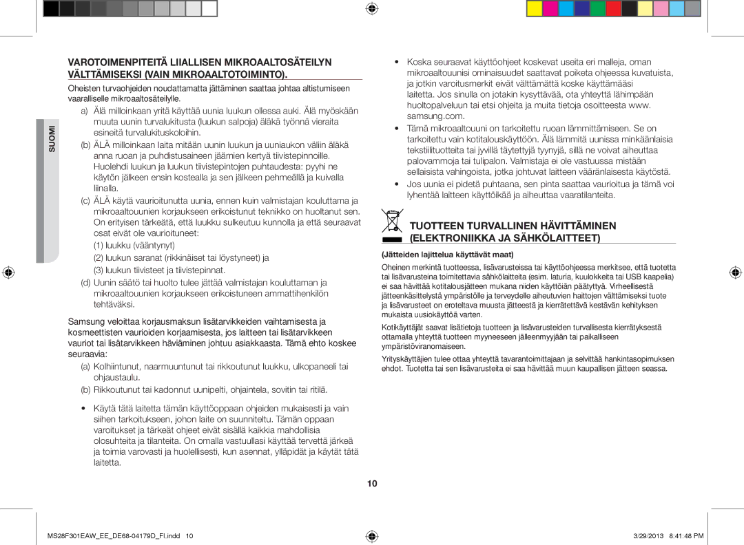 Samsung MS28F301EAW/EE manual Jätteiden lajittelua käyttävät maat 