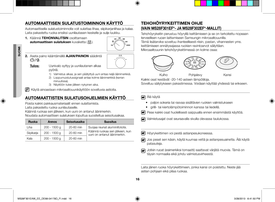 Samsung MS28F301EAW/EE manual Automaattisen sulatustoiminnon käyttö, Automaattisten sulatusohjelmien käyttö 