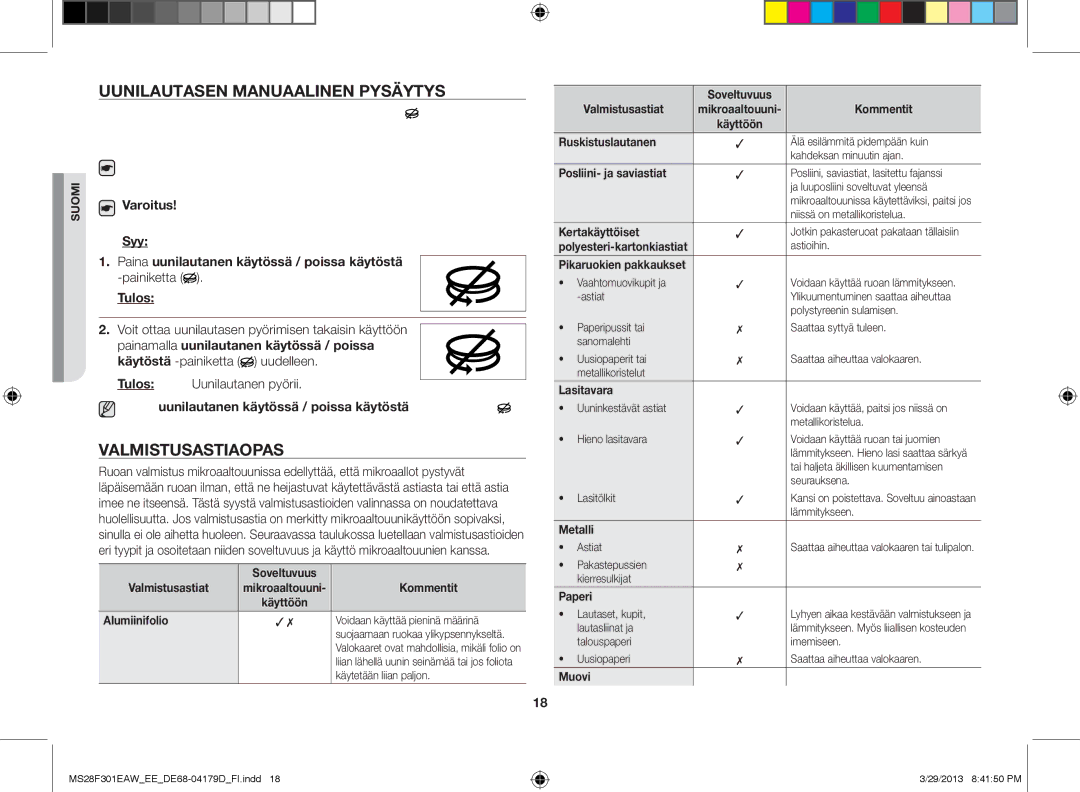 Samsung MS28F301EAW/EE manual Uunilautasen manuaalinen pysäytys, Valmistusastiaopas 