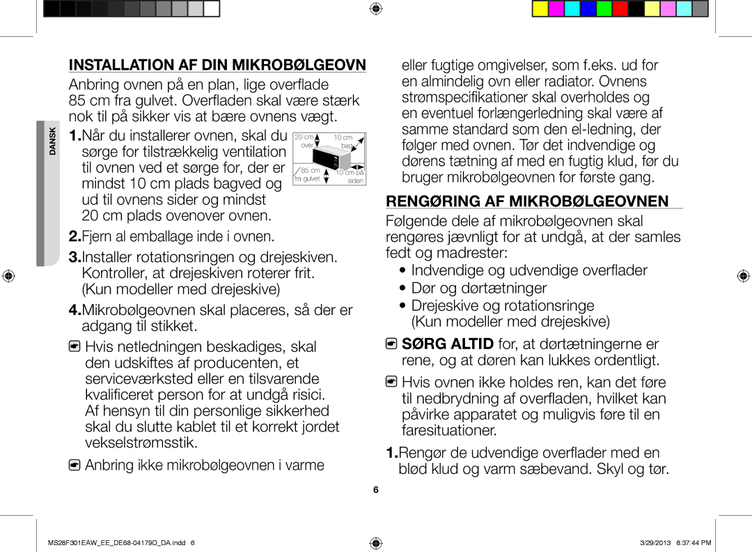 Samsung MS28F301EAW/EE manual Installation af din mikrobølgeovn, Rengøring af mikrobølgeovnen 