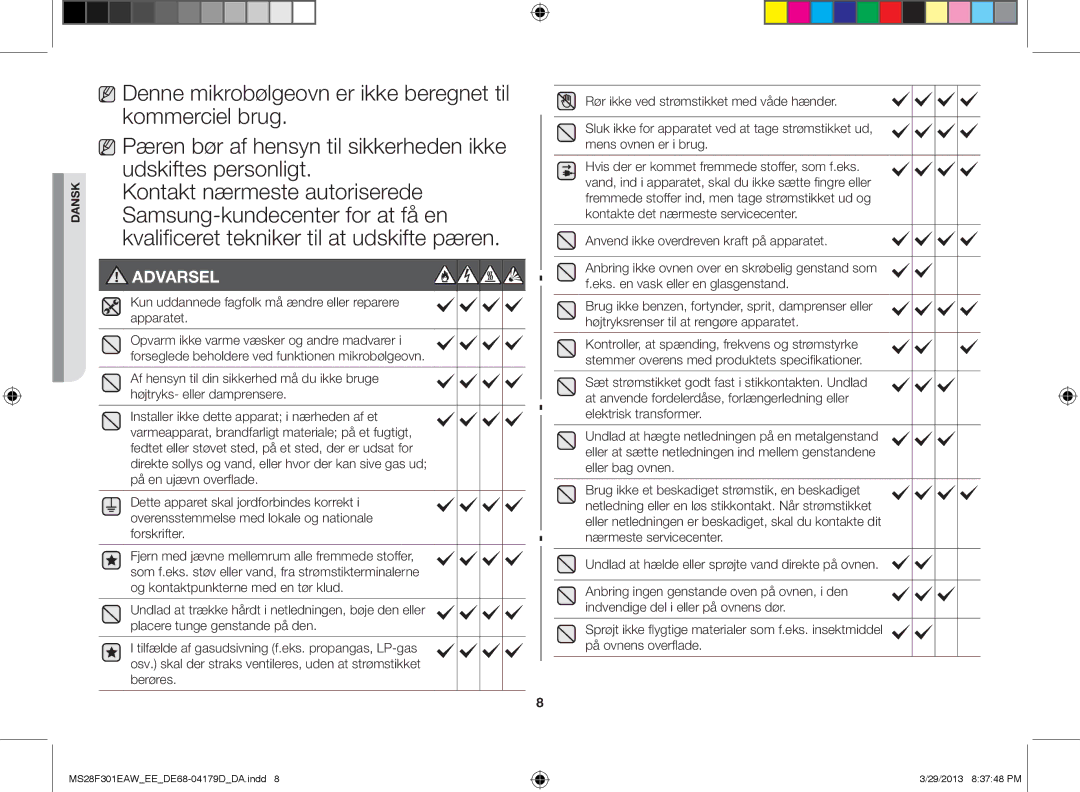 Samsung MS28F301EAW/EE manual Kun uddannede fagfolk må ændre eller reparere apparatet 