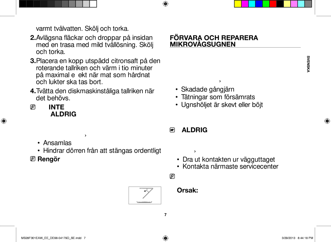 Samsung MS28F301EAW/EE manual Förvara och reparera mikrovågsugnen 