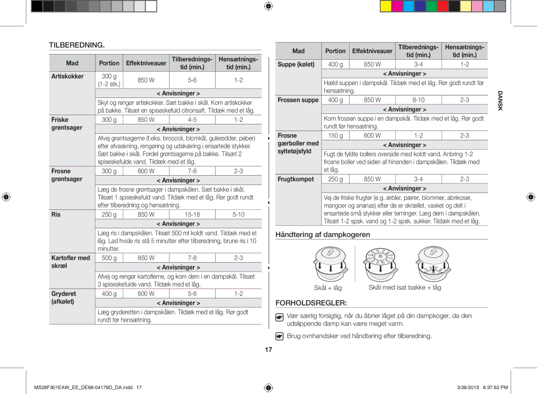 Samsung MS28F301EAW/EE manual Mad Portion, Artiskokker, Grøntsager Anvisninger, Skræl Anvisninger, Gryderet 