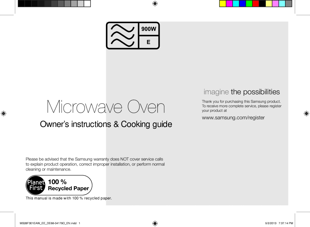 Samsung MS28F301EAW/EE Microwave Oven, This manual is made with 100 % recycled paper 