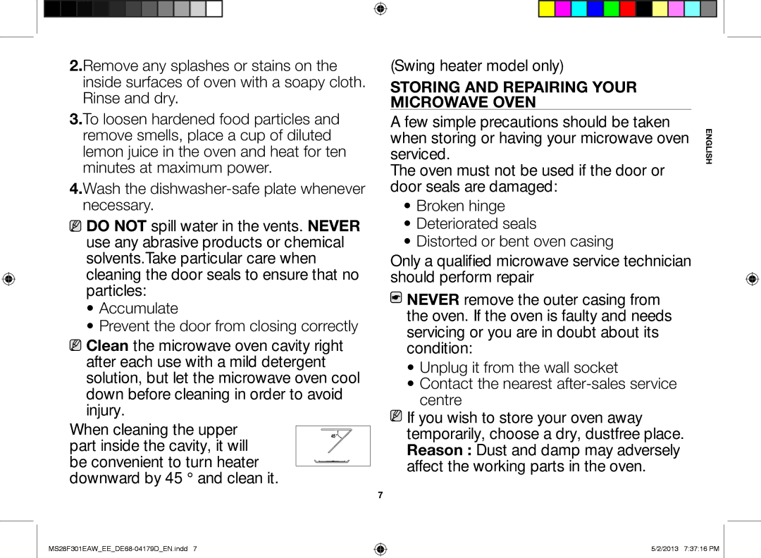 Samsung MS28F301EAW/EE manual Storing and repairing your Microwave oven 