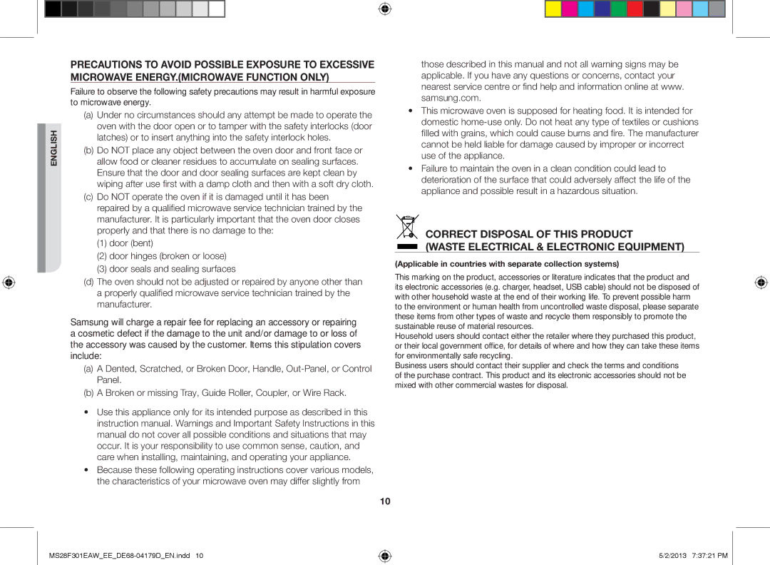 Samsung MS28F301EAW/EE manual Applicable in countries with separate collection systems 