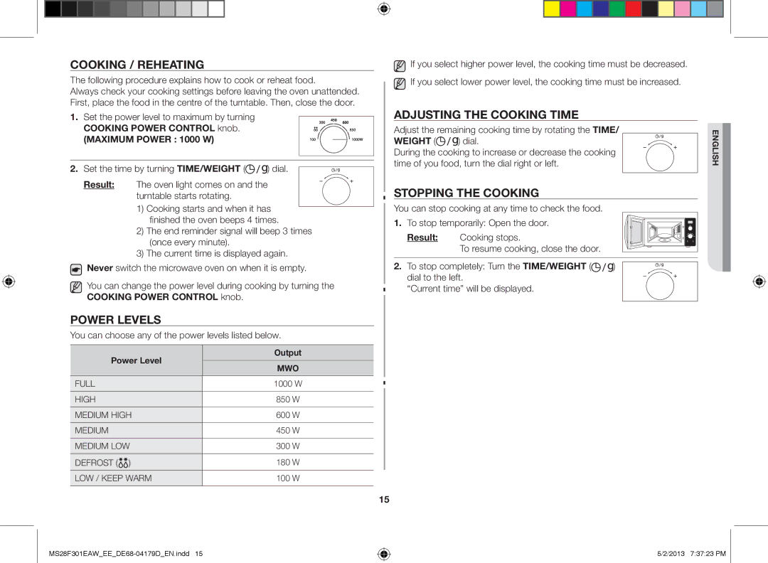 Samsung MS28F301EAW/EE manual Cooking / reheating, Power levels, Adjusting the cooking time, Stopping the cooking 