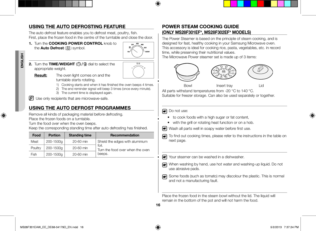 Samsung MS28F301EAW/EE manual Using the auto defrosting feature, Using the Auto defrost programmes 