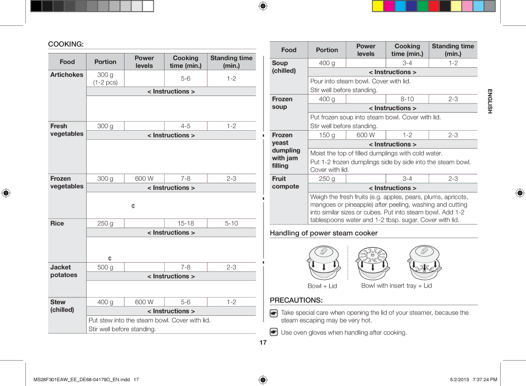 Samsung MS28F301EAW/EE Food Portion Power Cooking Standing time, Instructions, Fresh, Frozen, Rice, Jacket, Stew, With jam 