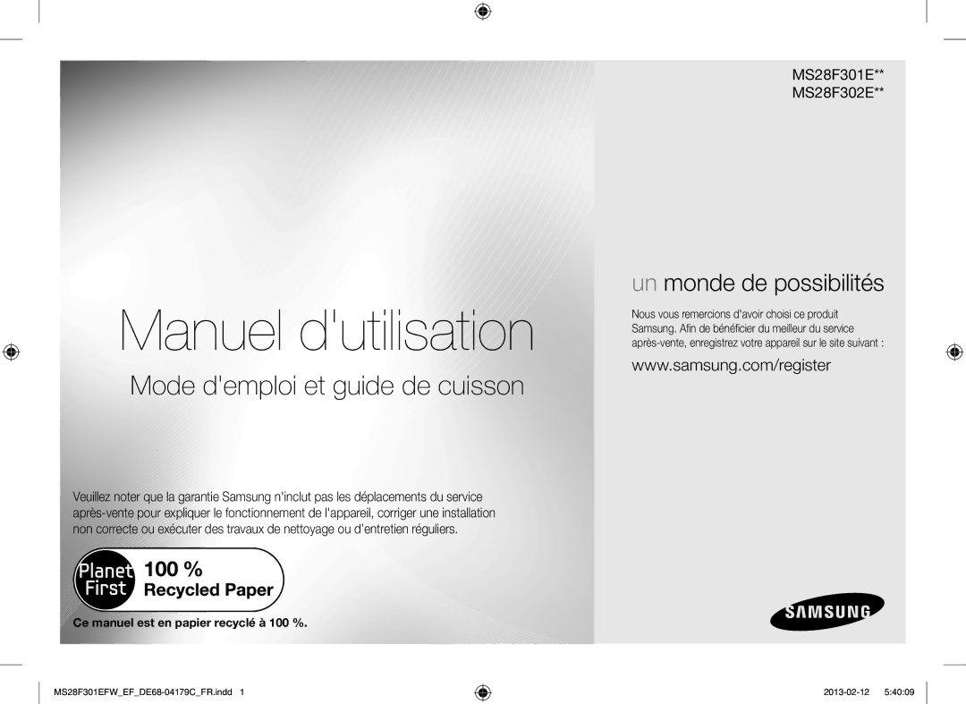 Samsung MS28F301EAW/EF, MS28F301EFS/EF manual Manuel dutilisation, Ce manuel est en papier recyclé à 100 % 