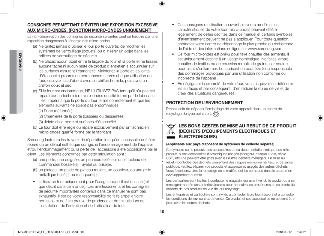 Samsung MS28F301EFS/EF, MS28F301EAW/EF manual Protection DE L’ENVIRONNEMENT 