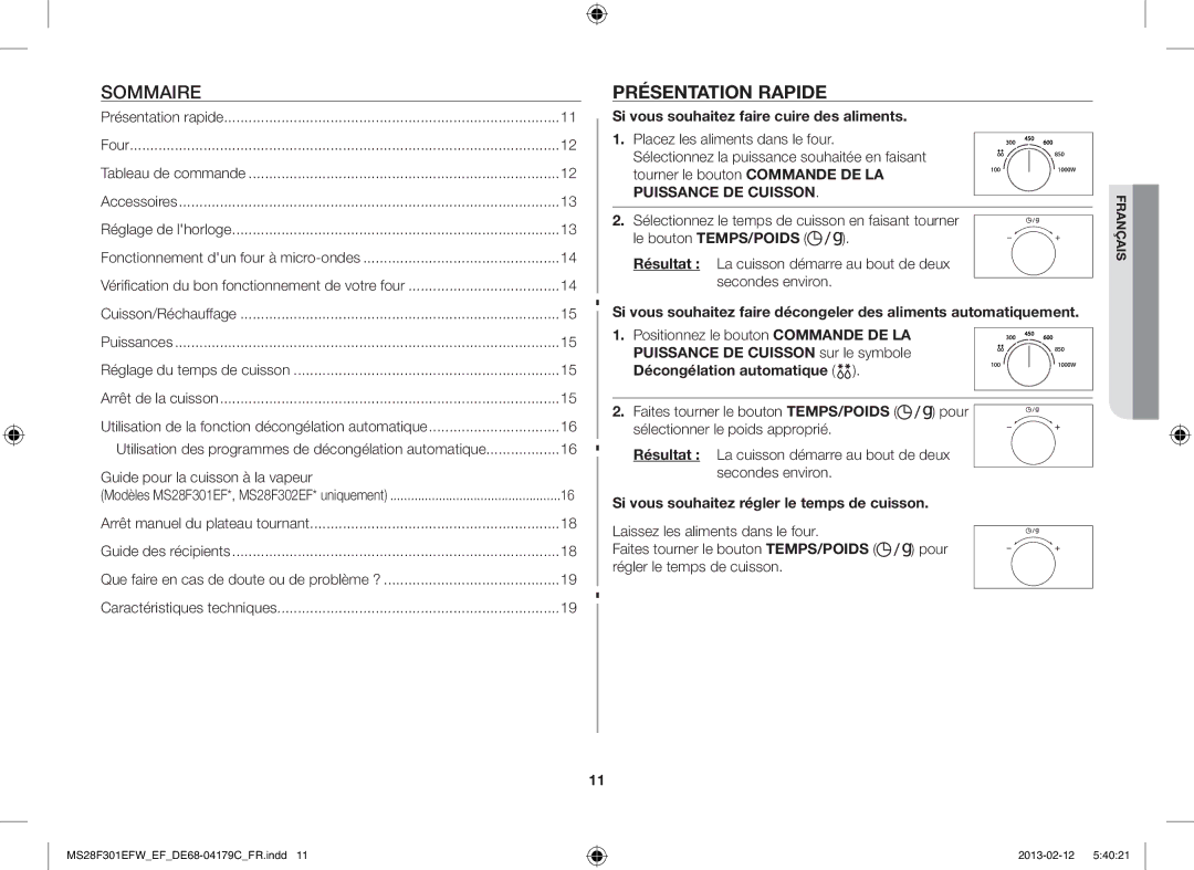 Samsung MS28F301EAW/EF, MS28F301EFS/EF manual Présentation Rapide, Si vous souhaitez faire cuire des aliments 