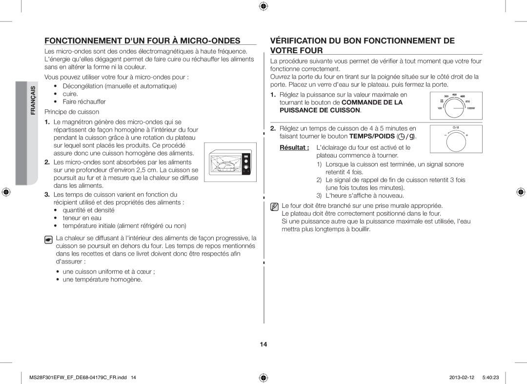 Samsung MS28F301EFS/EF manual Fonctionnement DUN Four À MICRO-ONDES, Vérification DU BON Fonctionnement DE Votre Four 