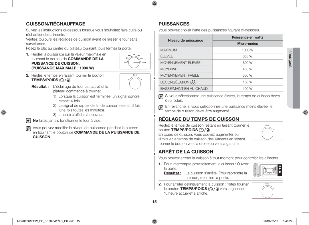 Samsung MS28F301EAW/EF, MS28F301EFS/EF Cuisson/Réchauffage, Puissances, Réglage DU Temps DE Cuisson, Arrêt DE LA Cuisson 