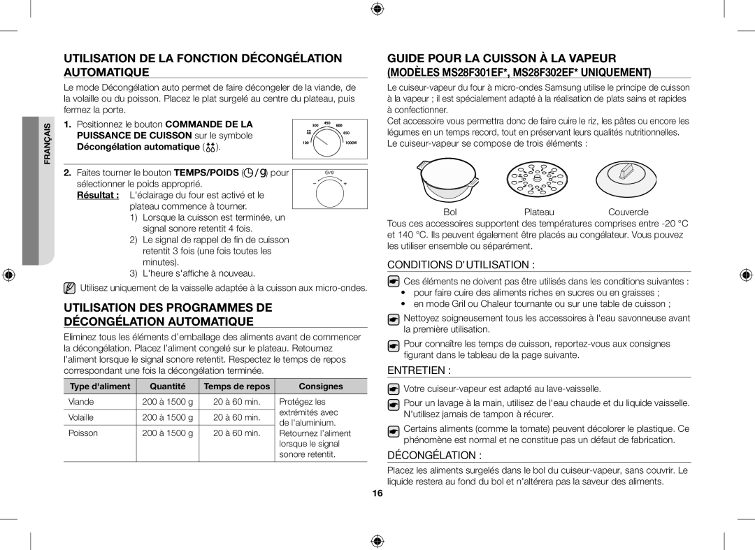 Samsung MS28F301EFS/EF, MS28F301EAW/EF manual Utilisation DE LA Fonction Décongélation Automatique 