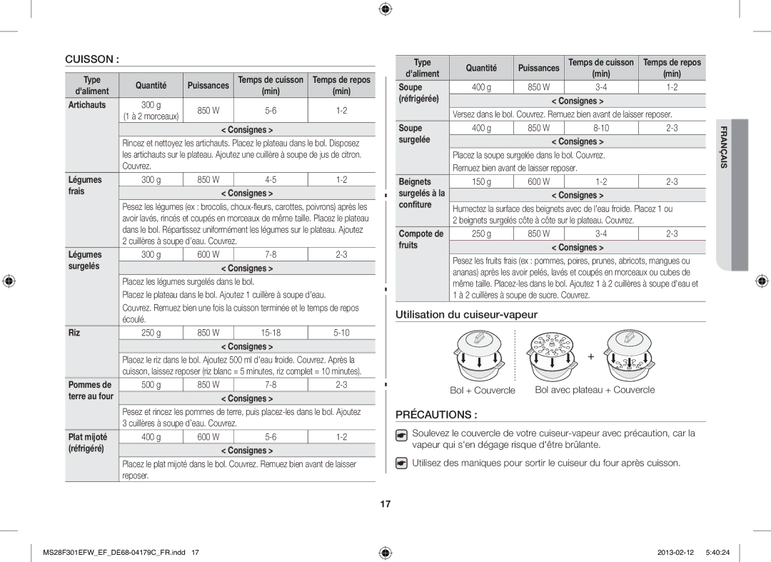 Samsung MS28F301EAW/EF Type Quantité, Légumes, Frais Consignes, Surgelés Consignes, Riz, Soupe, Surgelée, Beignets 