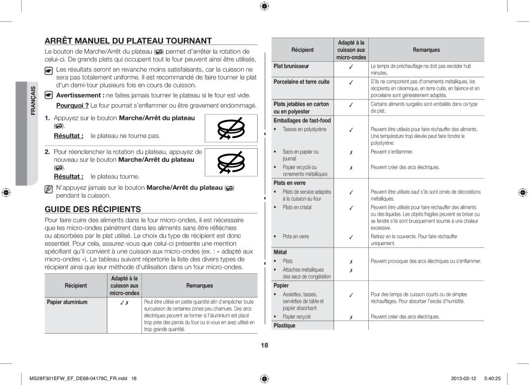 Samsung MS28F301EFS/EF, MS28F301EAW/EF manual Arrêt Manuel DU Plateau Tournant, Guide DES Récipients 