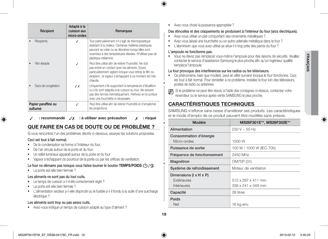 Samsung MS28F301EAW/EF, MS28F301EFS/EF manual QUE Faire EN CAS DE Doute OU DE Problème ?, Caractéristiques Techniques 