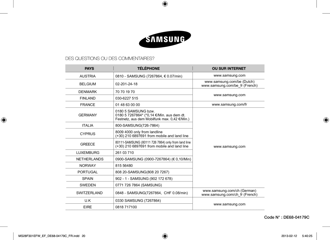 Samsung MS28F301EFS/EF, MS28F301EAW/EF manual Code N DE68-04179C 