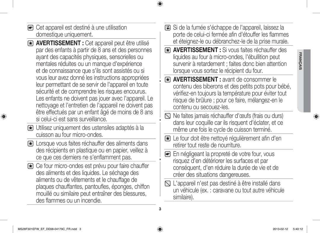 Samsung MS28F301EAW/EF, MS28F301EFS/EF manual Français 