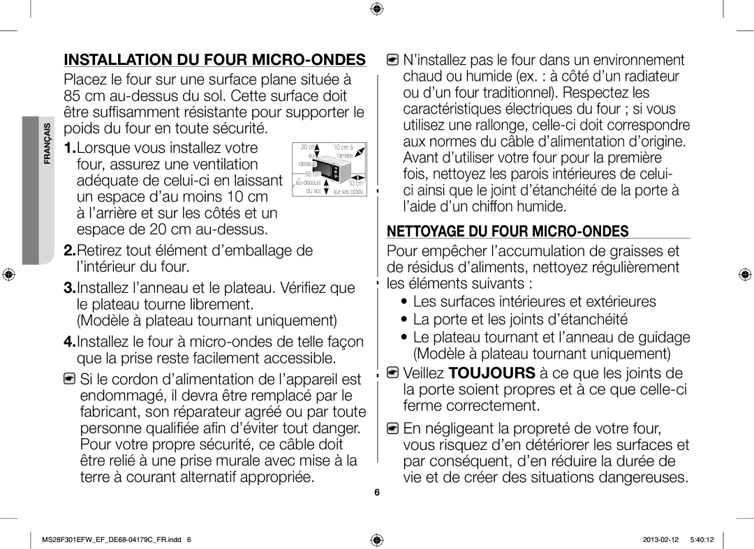 Samsung MS28F301EFS/EF, MS28F301EAW/EF manual Installation DU Four MICRO-ONDES 