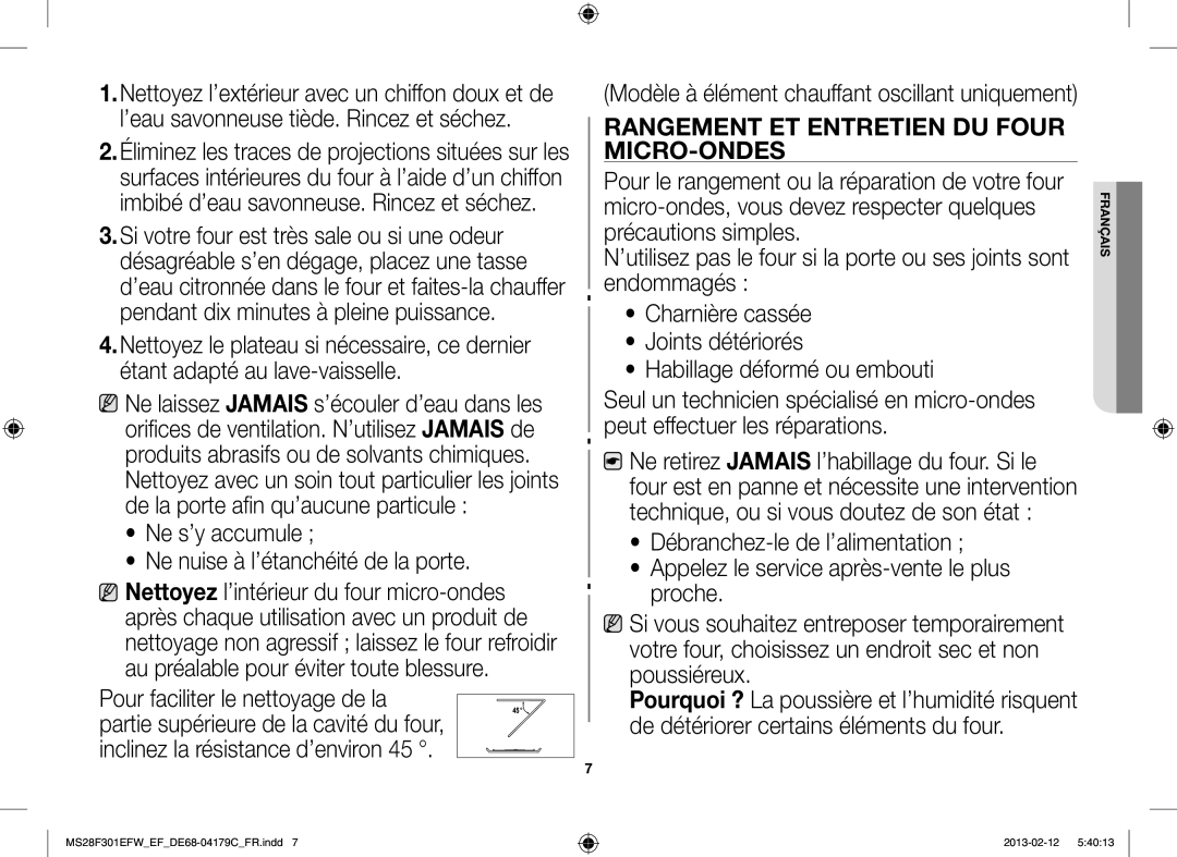 Samsung MS28F301EAW/EF, MS28F301EFS/EF manual Rangement ET Entretien DU Four MICRO-ONDES 