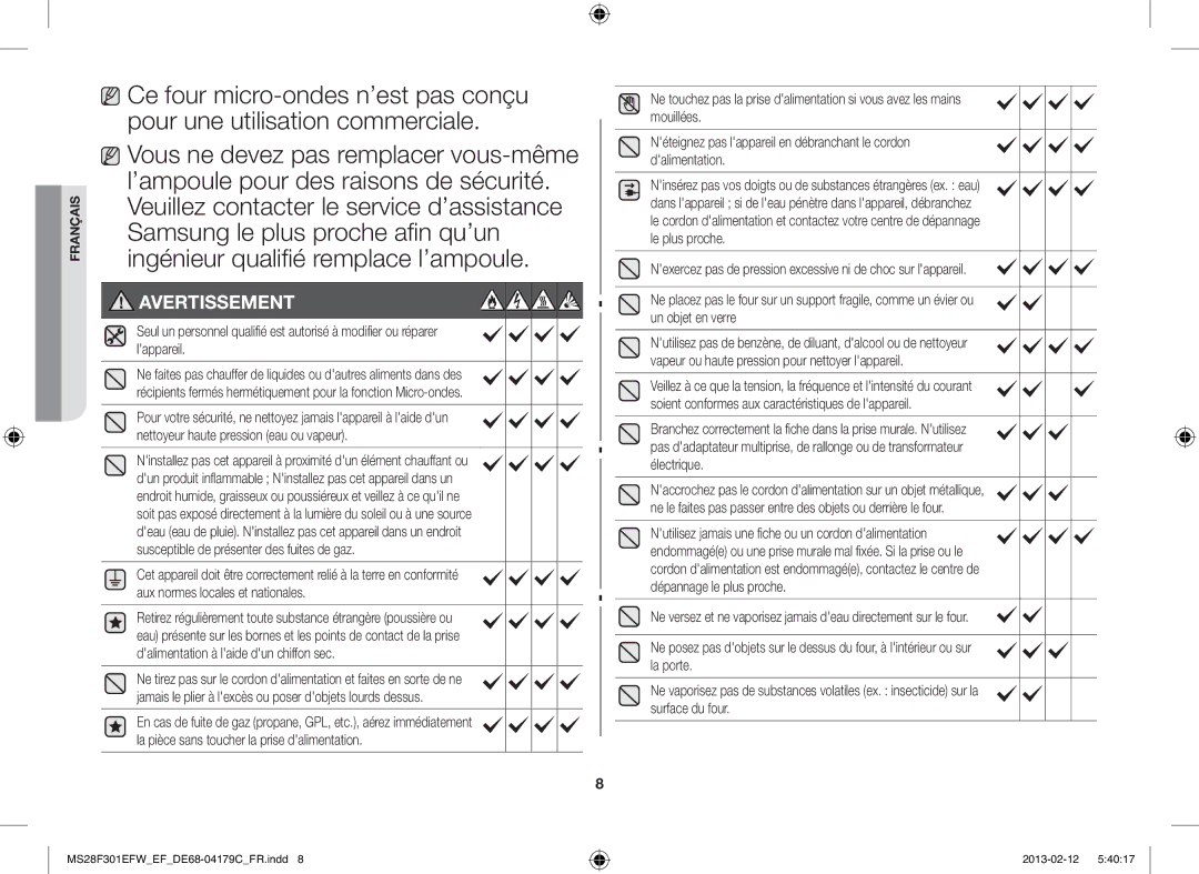 Samsung MS28F301EFS/EF, MS28F301EAW/EF manual Avertissement 