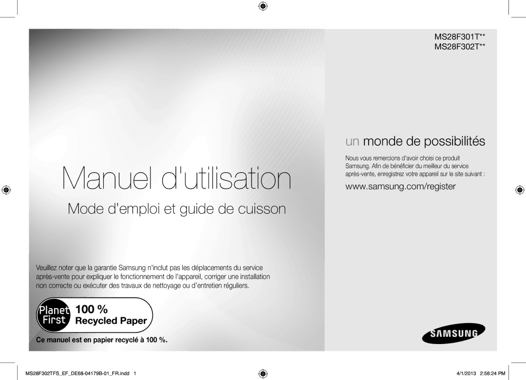 Samsung MS28F301TFS/EF manual Manuel dutilisation 