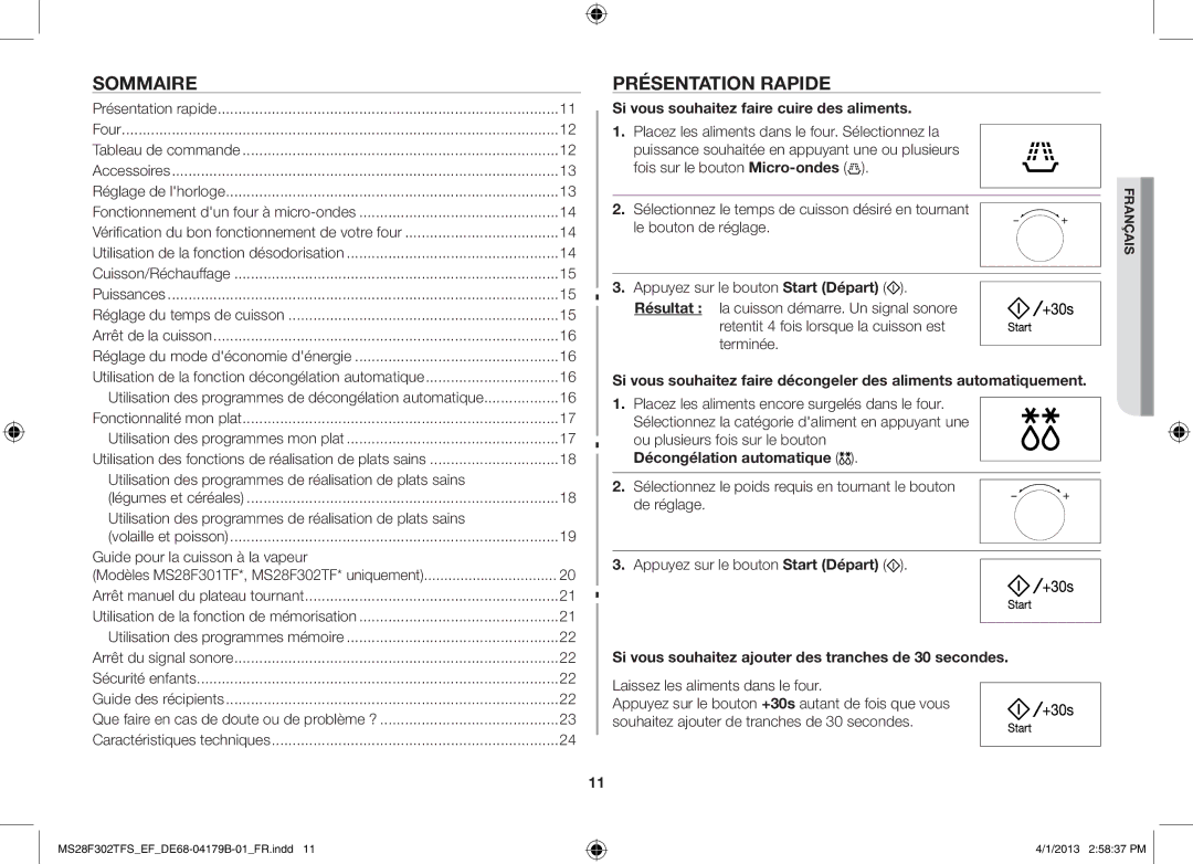 Samsung MS28F301TFS/EF manual Sommaire, Présentation rapide, Si vous souhaitez faire cuire des aliments 