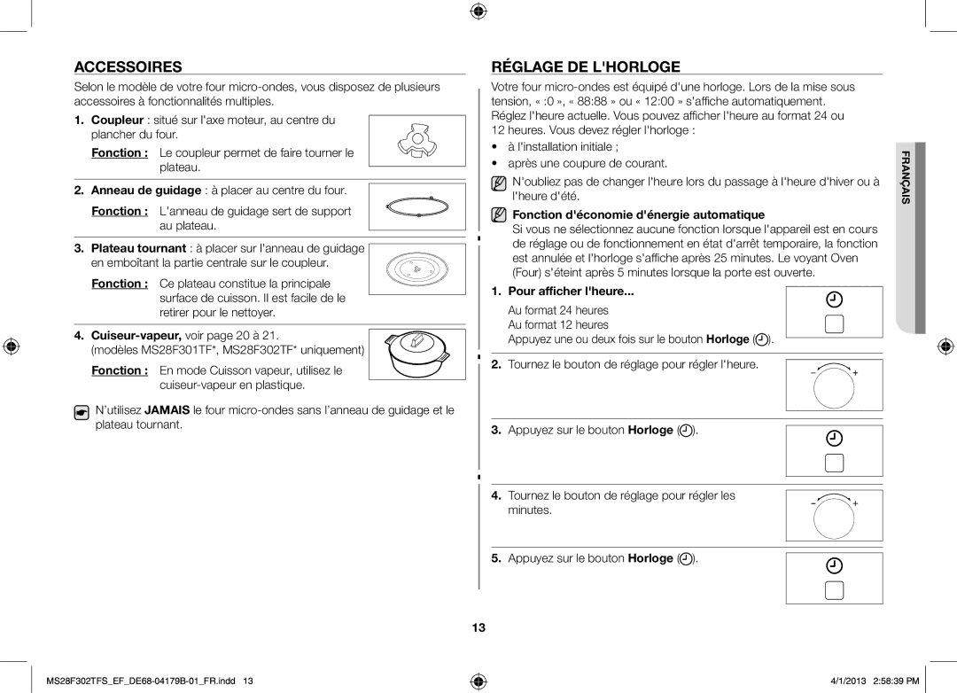 Samsung MS28F301TFS/EF Accessoires, Réglage de lhorloge, Fonction déconomie dénergie automatique, Pour afficher lheure 