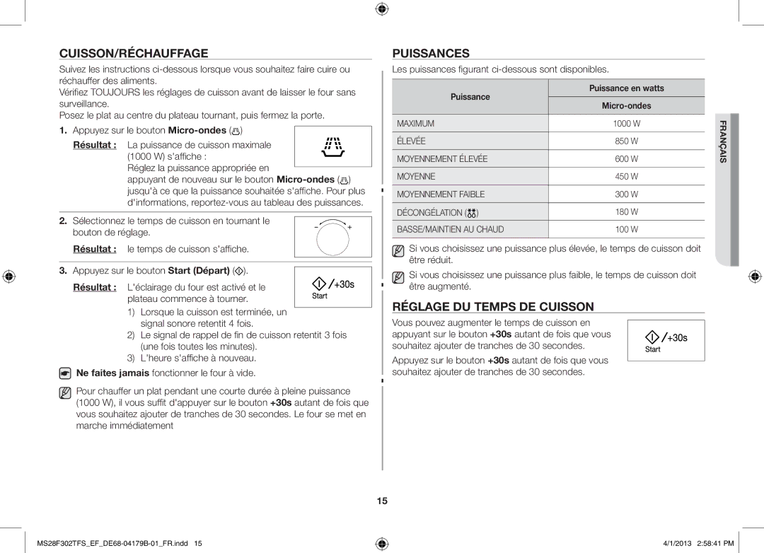 Samsung MS28F301TFS/EF manual Cuisson/Réchauffage, Puissances, Réglage du temps de cuisson, Puissance Puissance en watts 