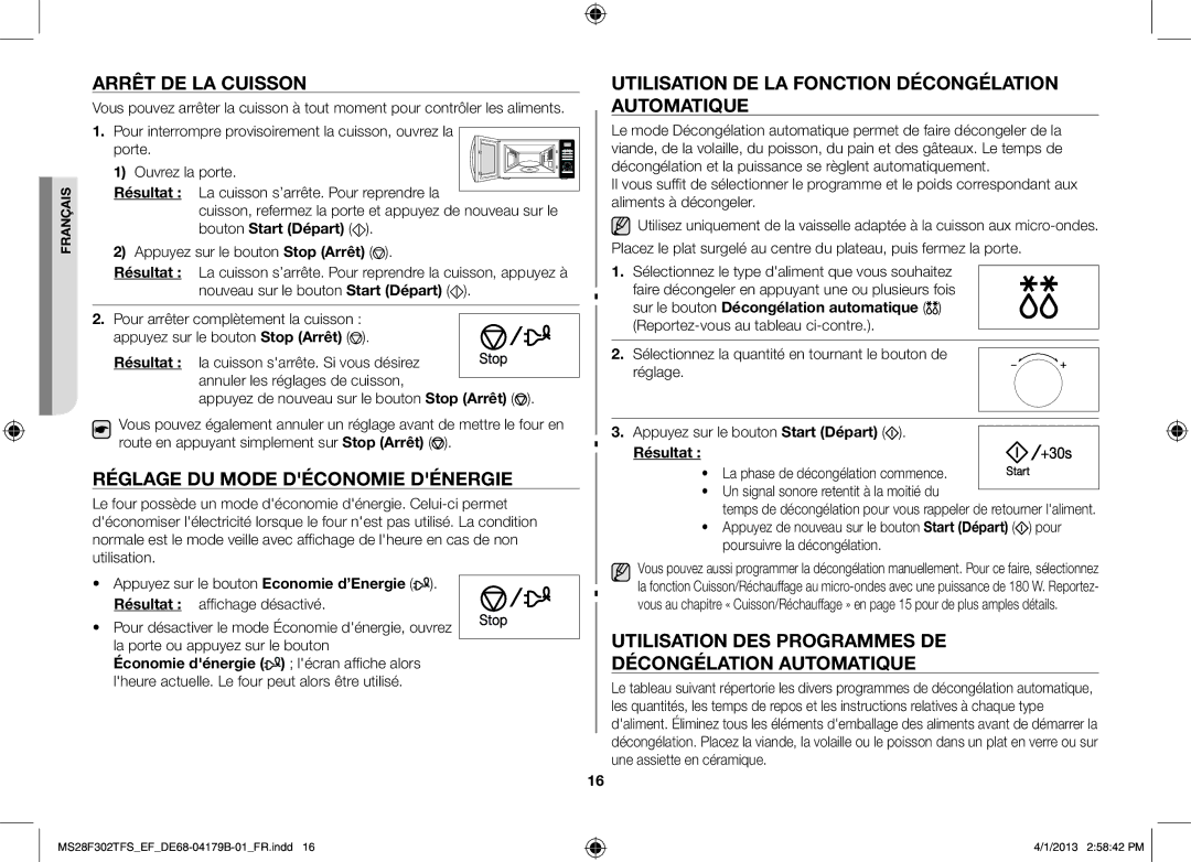 Samsung MS28F301TFS/EF manual Arrêt de la cuisson, Réglage du mode déconomie dénergie, Résultat 