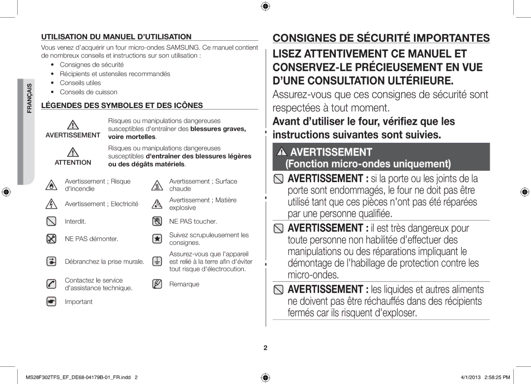 Samsung MS28F301TFS/EF manual Utilisation du manuel d’utilisation, Contactez le service dassistance technique 