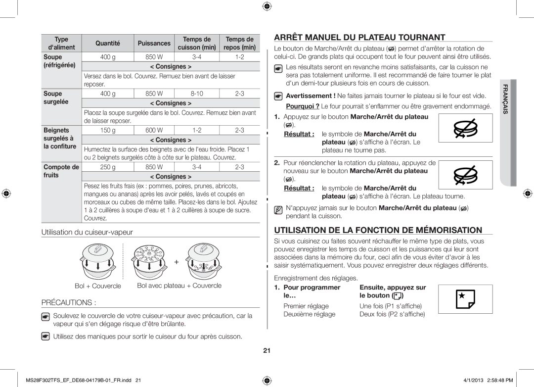 Samsung MS28F301TFS/EF manual Arrêt manuel du plateau tournant, Utilisation de la fonction de mémorisation 