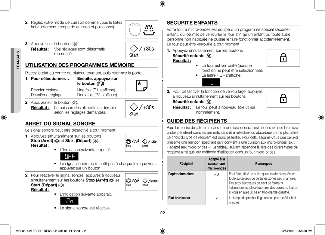 Samsung MS28F301TFS/EF Utilisation des programmes mémoire, Arrêt du signal sonore, Sécurité enfants, Guide des récipients 