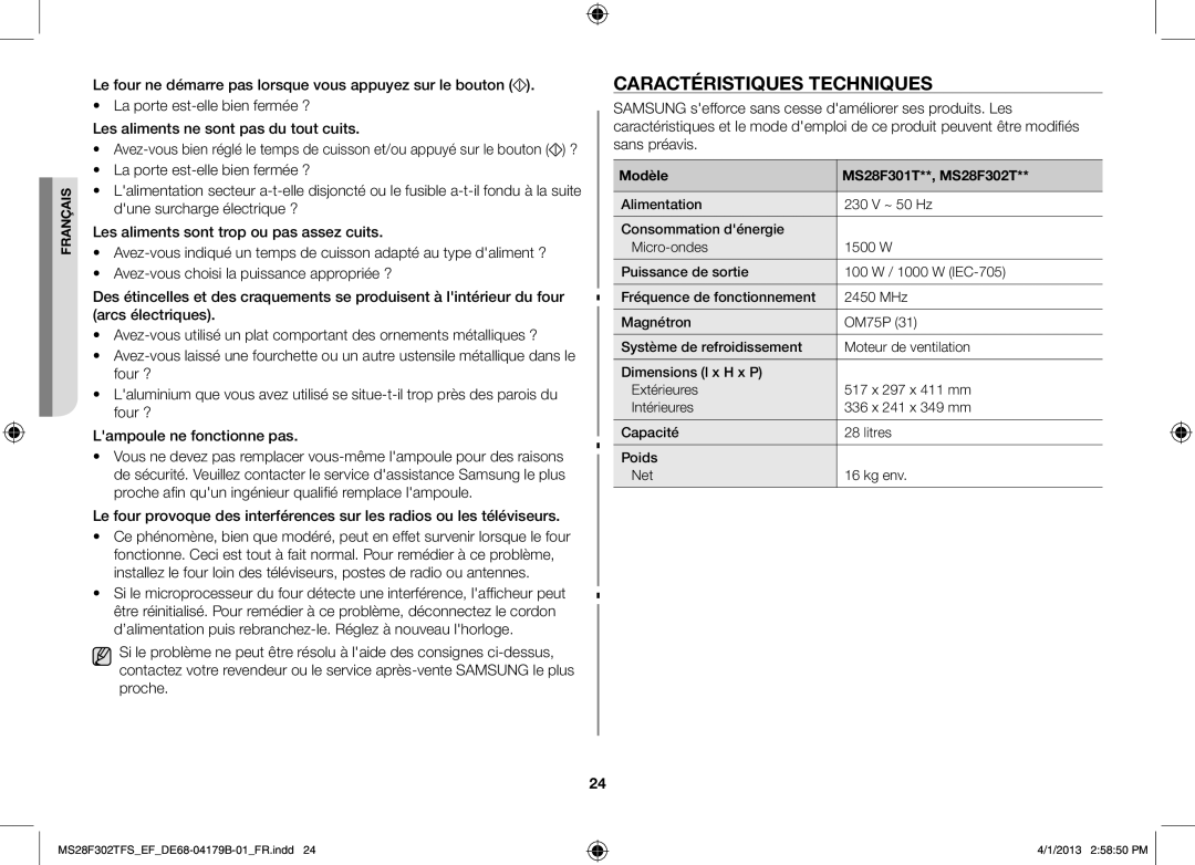 Samsung MS28F301TFS/EF manual CaraCtéristiques techniques, Modèle MS28F301T**, MS28F302T 