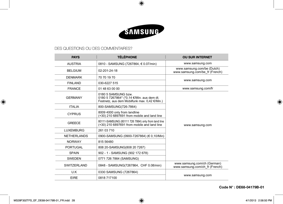 Samsung MS28F301TFS/EF manual Code N DE68-04179B-01 