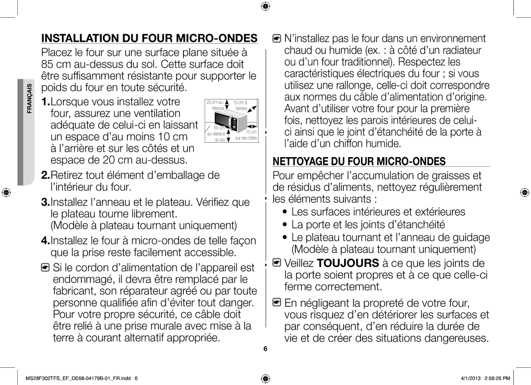 Samsung MS28F301TFS/EF manual Installation du four micro-ondes 