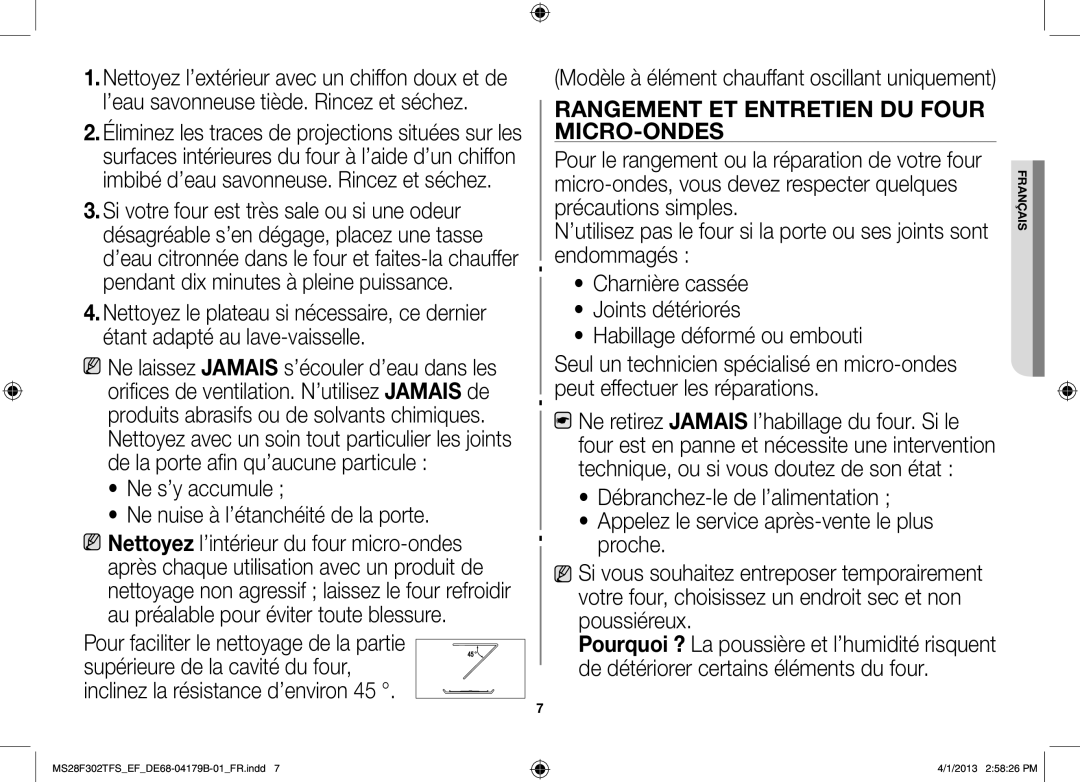 Samsung MS28F301TFS/EF manual Rangement et entretien du four micro-ondes 