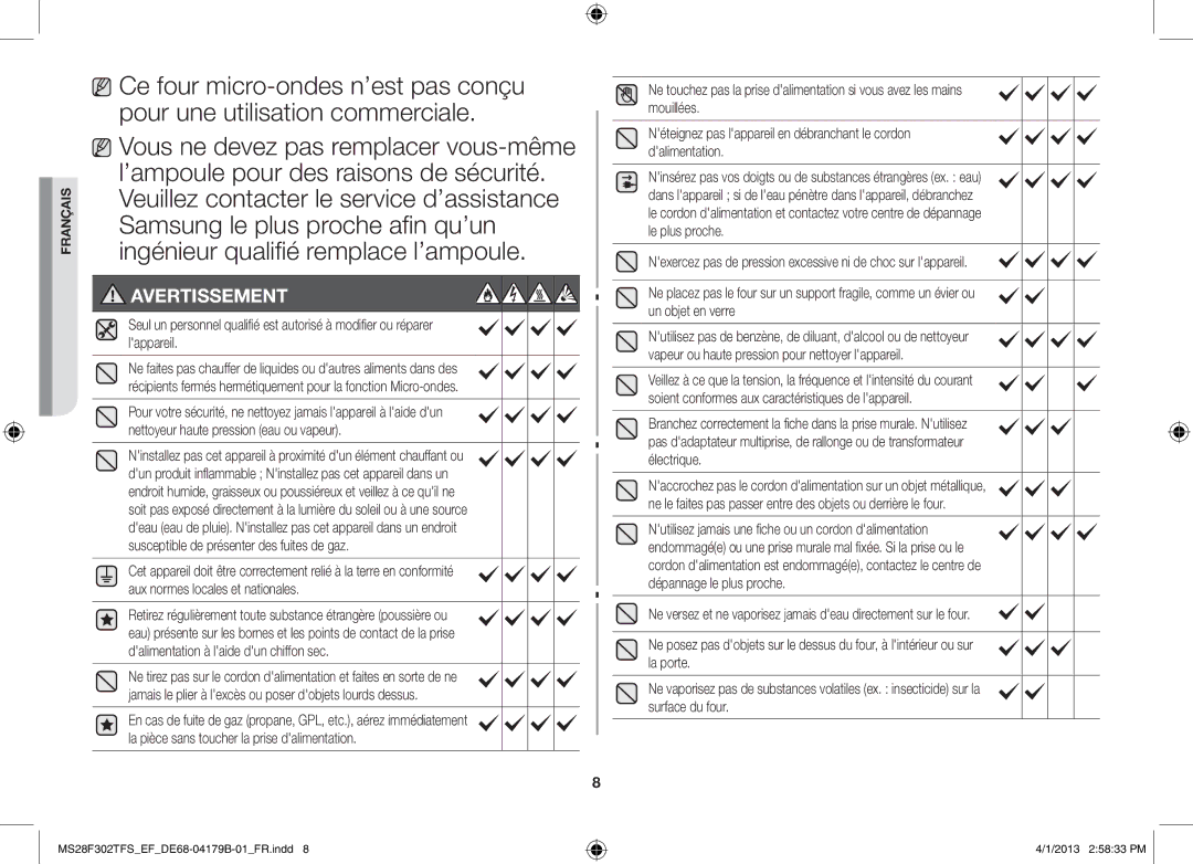 Samsung MS28F301TFS/EF manual Avertissement 