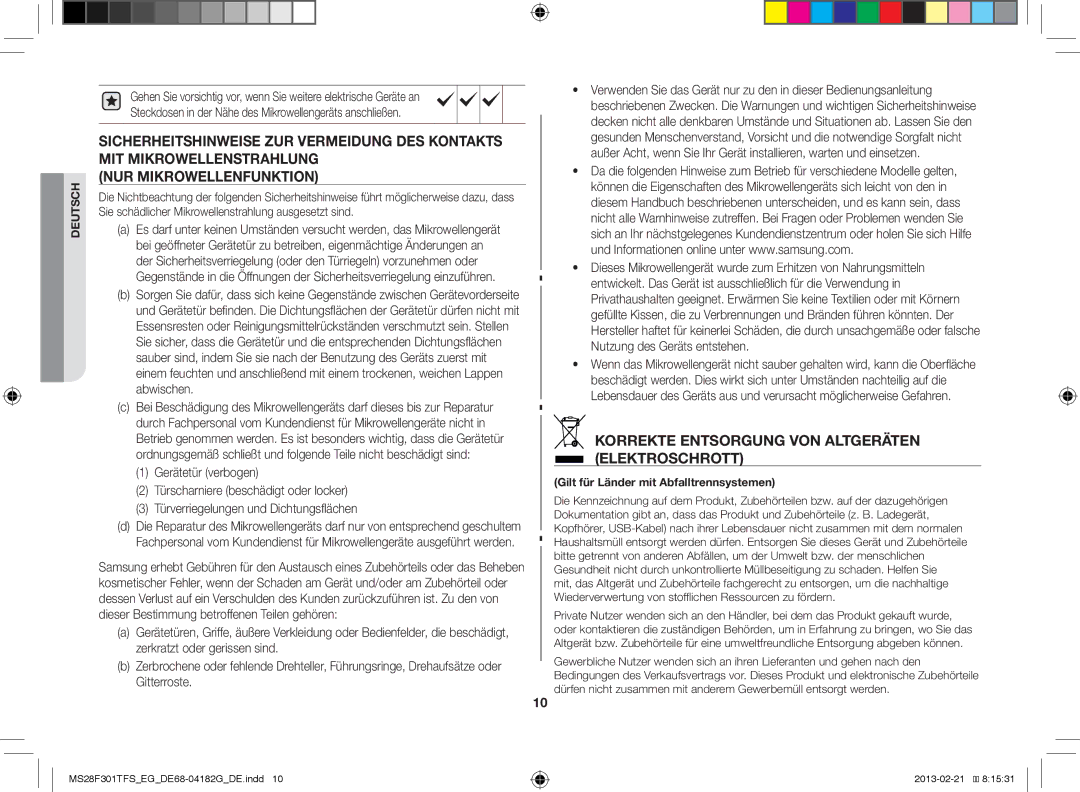 Samsung MS28F301TFS/EG, MS28F301TFS/EF manual Korrekte Entsorgung VON Altgeräten Elektroschrott 