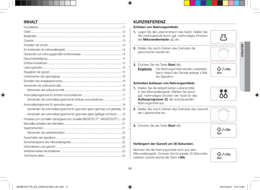 Samsung MS28F301TFS/EF manual Inhalt, Kurzreferenz, Erhitzen von Nahrungsmitteln, Schnelles Auftauen von Nahrungsmitteln 