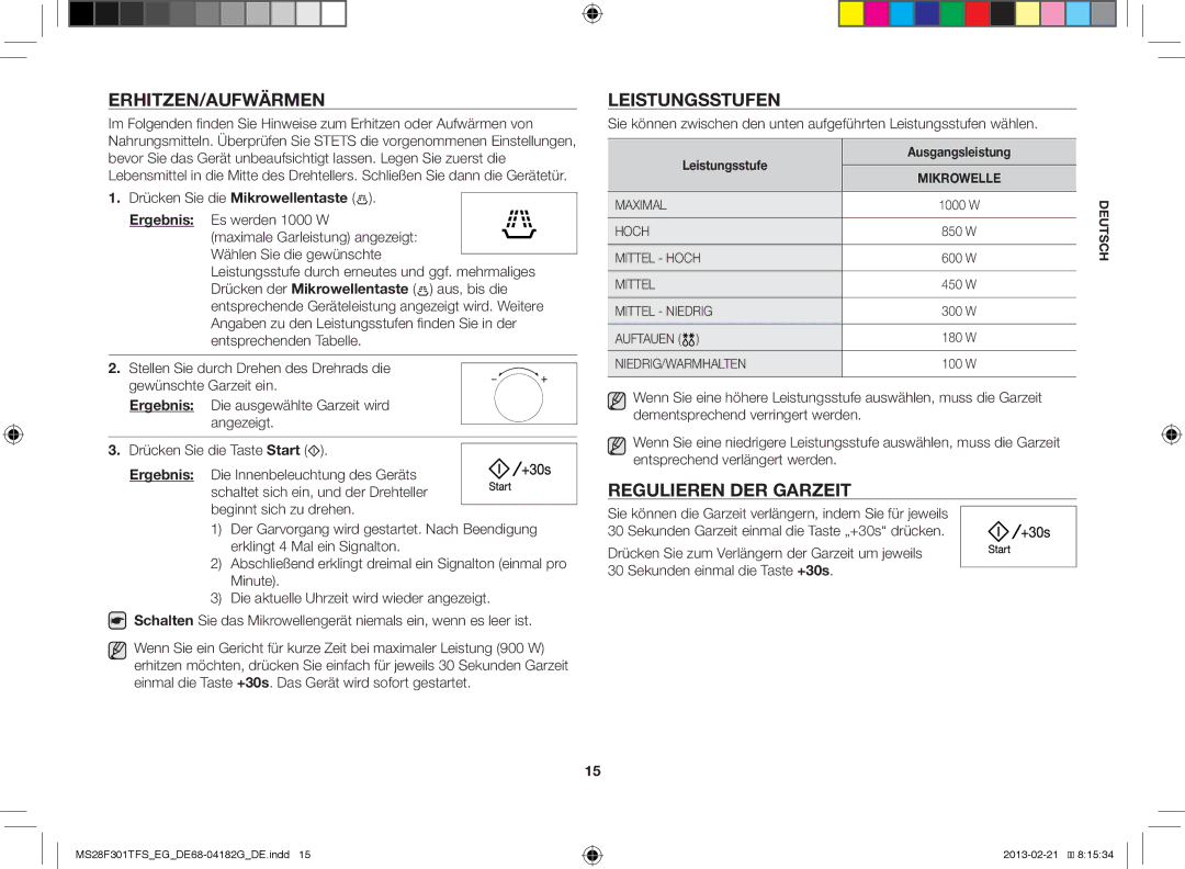 Samsung MS28F301TFS/EF manual Erhitzen/Aufwärmen, Leistungsstufen, Regulieren DER Garzeit, Leistungsstufe Ausgangsleistung 