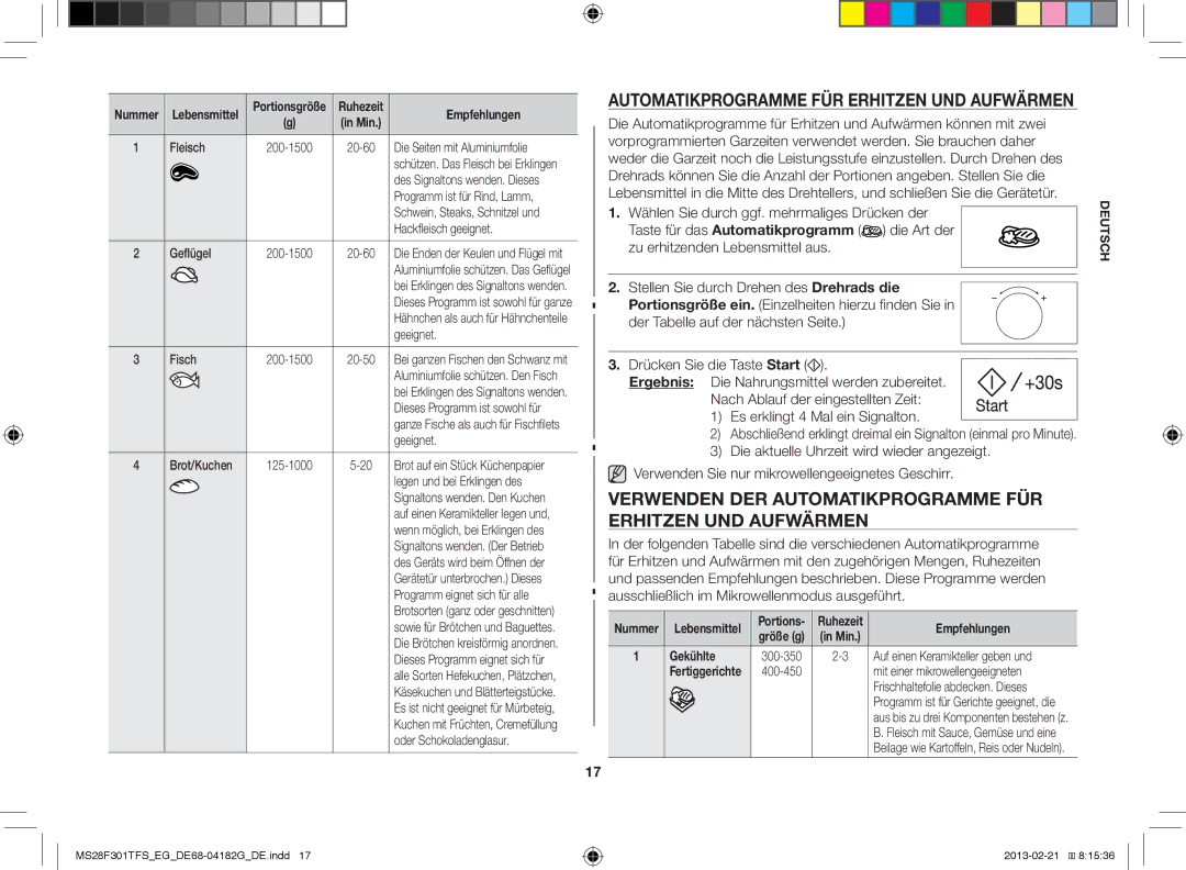 Samsung MS28F301TFS/EF, MS28F301TFS/EG manual Verwenden DER Automatikprogramme FÜR Erhitzen UND Aufwärmen, Empfehlungen 