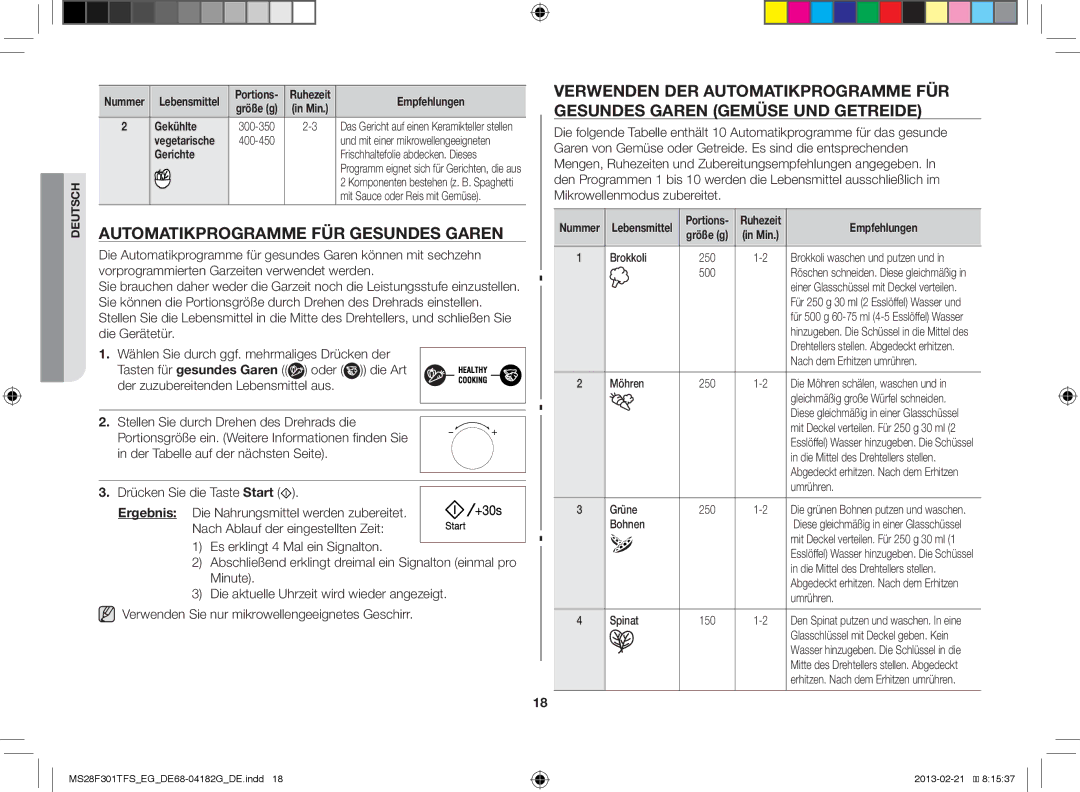 Samsung MS28F301TFS/EG, MS28F301TFS/EF manual Automatikprogramme FÜR Gesundes Garen, Gekühlte, Gerichte 