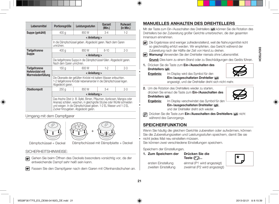 Samsung MS28F301TFS/EF, MS28F301TFS/EG manual Manuelles Anhalten DES Drehtellers, Speicherfunktion 